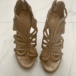 B Brian Atwood Metallic Suede Sandals